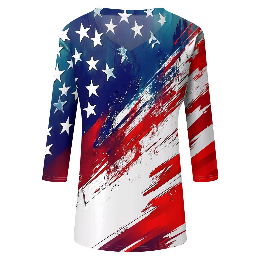 Womens V Neck 34 Sleeve Loose Fit Casual Blouse Flag Print Top Seven Quarter Sleeve Shirt for Daily Wear