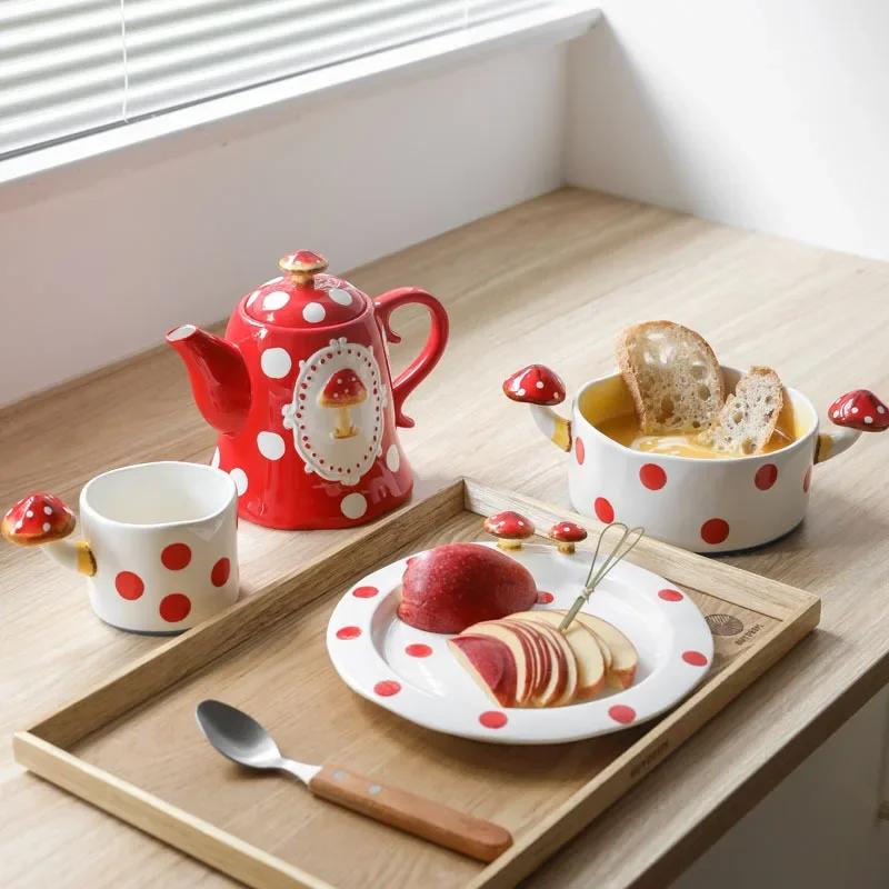 Ceașă drăguță din ceramică cu ciuperci Cana din ceramică, cafea, cu lapte, ceainic drăguț, farfurie, veselă lucrată manual, decorațiuni pentru petreceri, cadouri