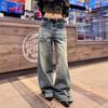 Women's Retro Distressed Hip Hop Jeans with Pleated Lightning Pattern - Loose, Slimming, and Versatile Wide-Leg Pants