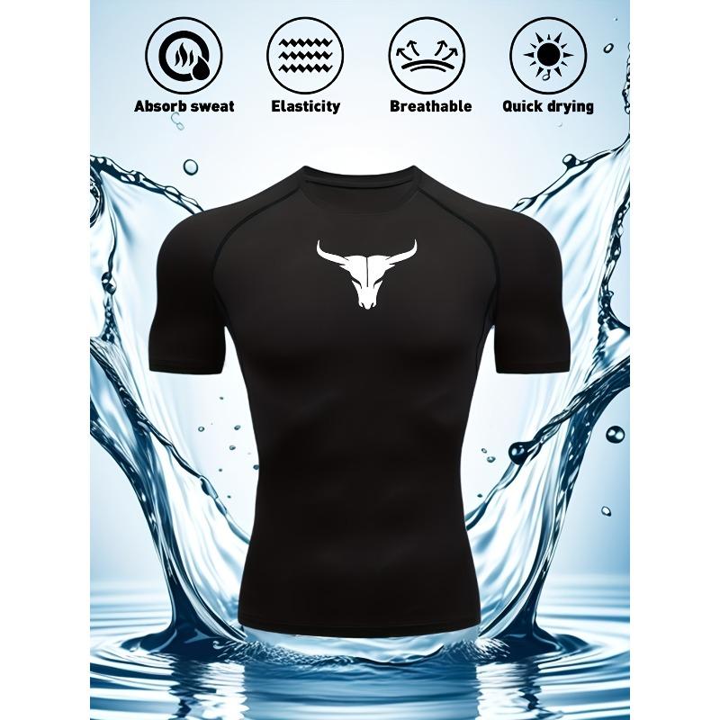 Mens Navy Blue Compression Short Sleeve T-Shirt White Bull Skull Graphic Quick Dry Breathable High Elasticity Gym Workout And MMA Athletic Top