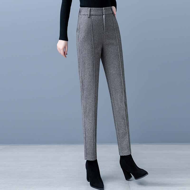 

Women s Spring/Autumn Tweed Cigarette Leg Fleece-Lined Pants - European Style 31/3XL