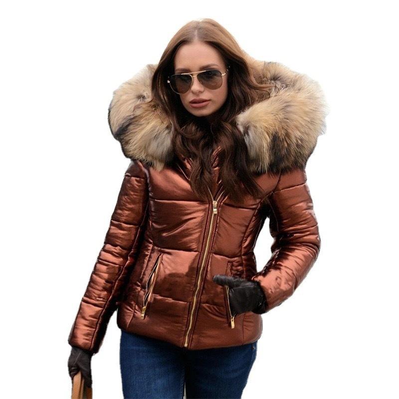 Women's Hooded Shiny Puffer Jacket with Big Fur Collar Winter Coat