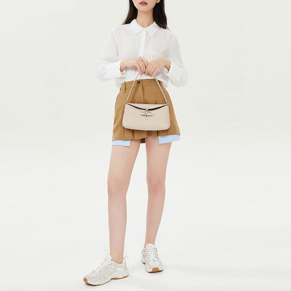 Longchamp Solid Color Metallic Bamboo Handle Leather Shoulder Tote Bag Small Women Bags White 10230HPN555