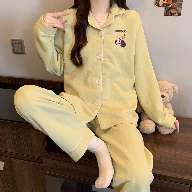 Air cotton pajamas women's autumn and winter long sleeves thickened interlayer warm stars cat student loungewear real shot