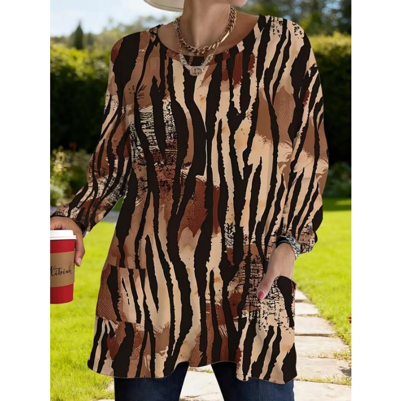 Women's long-sleeved round-neck T-shirt, suitable for spring, autumn and winter seasons. It has pockets and print designs. machine washable.