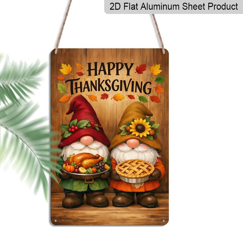 2D Flat Happy Thanksgiving Gnomes Turkey Pie Maple Leaf Metal Sign - 8.0x12.0inch Aluminum Wall Art, Farmhouse Fall Harvest Front Door Decor 20*30cm