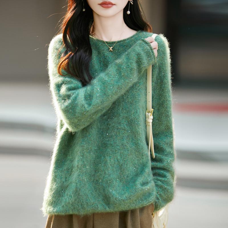 Women's Round Neck Loose Fleece Wool Sweater with Rolled Hem, Soft and Fluffy, Sequin Yarn, Autumn Winter Cashmere Pullover.
