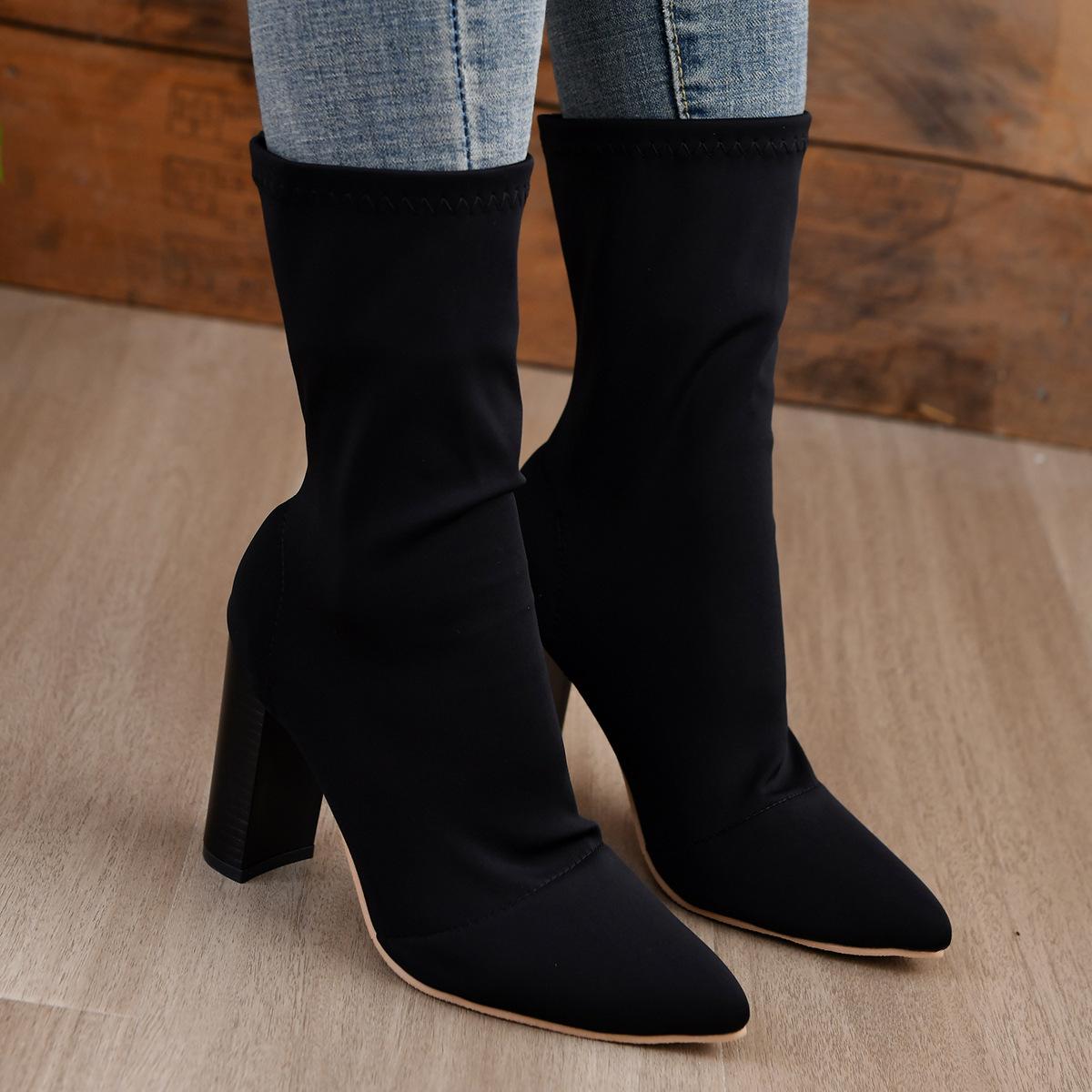 

European and American women s boots autumn and winter new large-size high-heeled elastic boots pointed thick-heeled foot mid-tube boots 43
