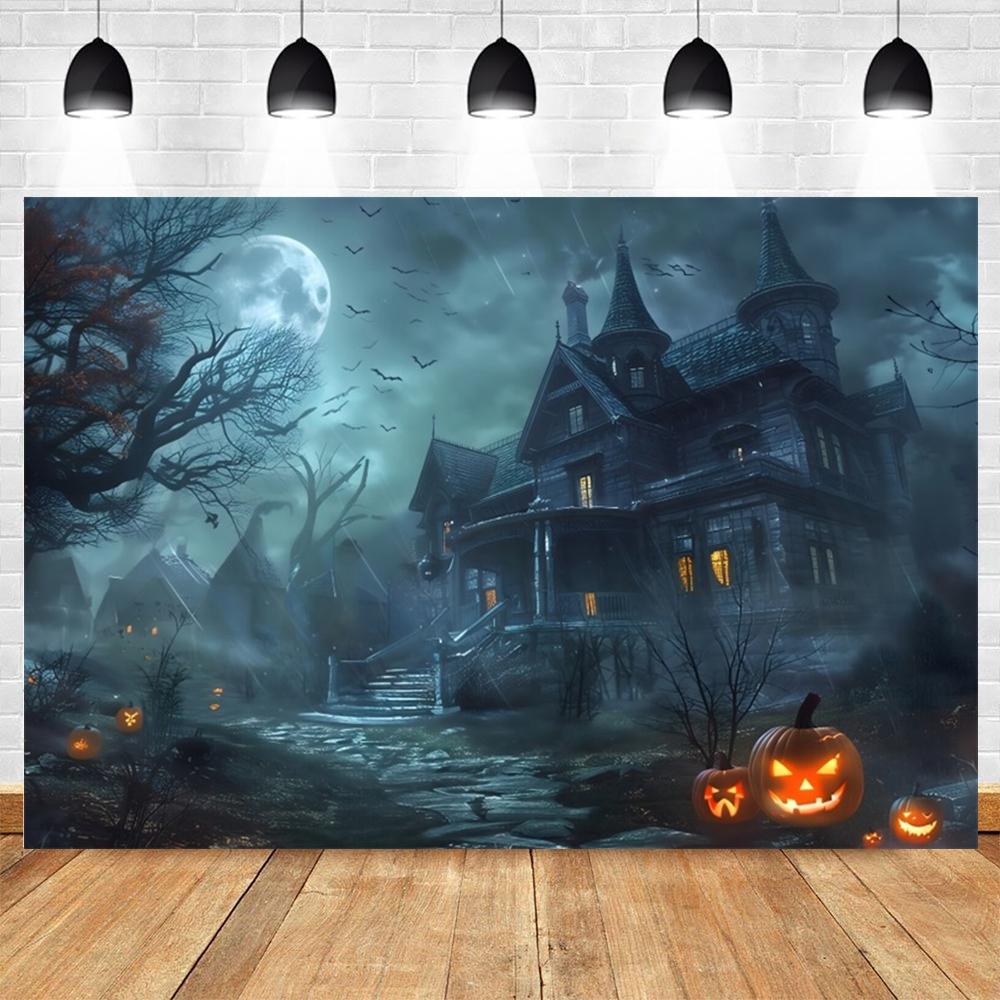 Halloween Full Moon Suburbs Cemetery Backdrop Scary Skull Castle Pumpkin Lantern Family Festival Party Decor Photo Background