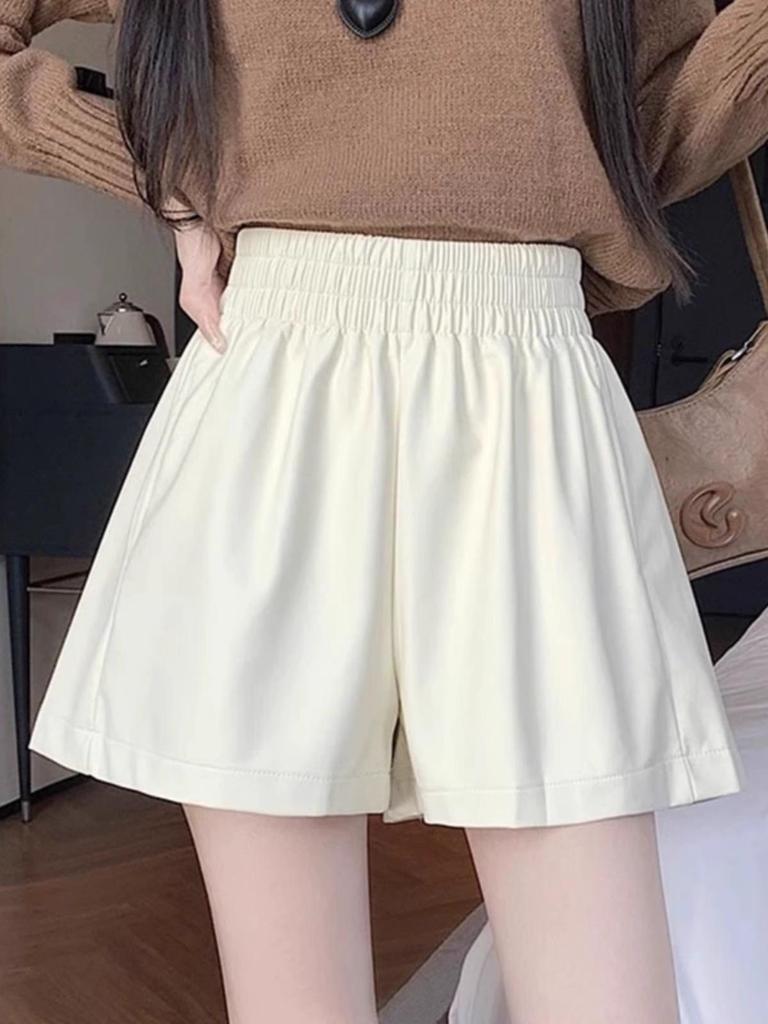 Women's High-Waist A-Line PU Leather Shorts - Brown, Autumn/Winter 2023, Fashionable Slim Wide-Leg Design for Outerwear with Boots.