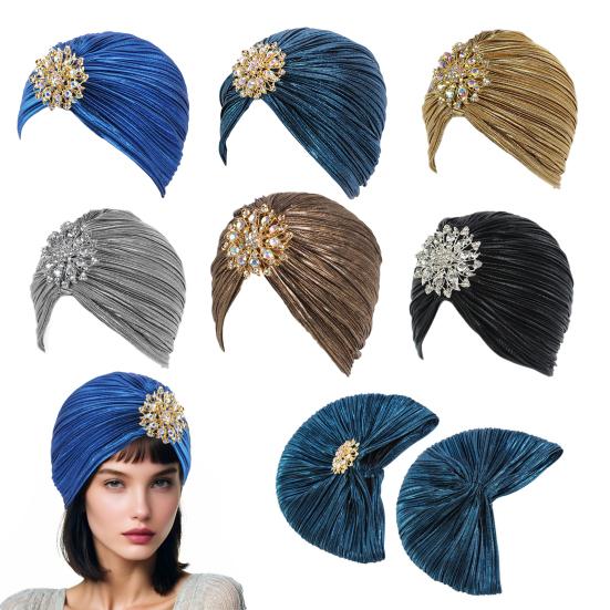 Headscarf Hat with Fancy Pleats Rhinestones Retro Style Women Turban Hat 20s 30s Vintage Headpiece Hair Accessories