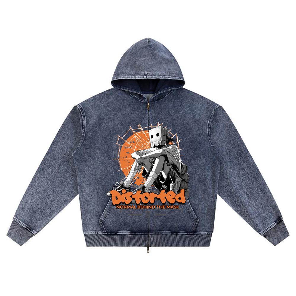 

DTG print Knitted Denim Zip-Up Hoodie Distorted Brother Print Zipper Hoodies XL темно-синий