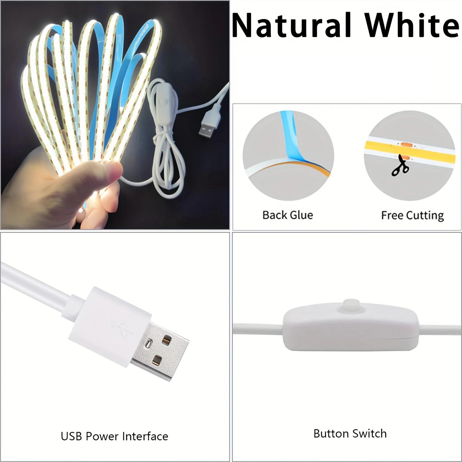 

5V COB LED Strip Light Button Switch LED Lamp Strip 320LEDs/m Flexible Tape Ribbon Christmas Home Bedroom Party Decor Lighting 1m