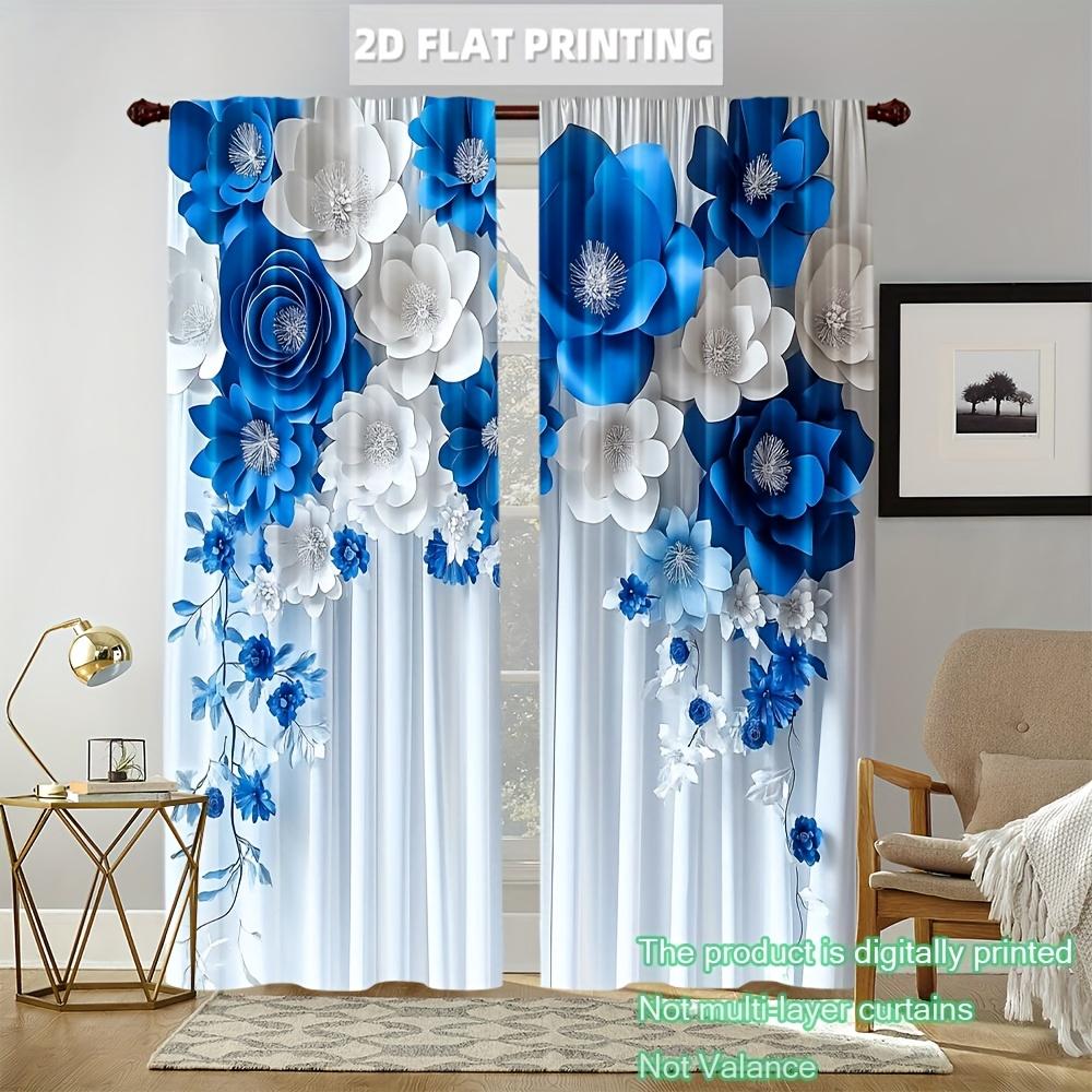 

Set Of 2 Blue Floral Curtains Bedroom Living Room Study Office Curtain Blackout For Sitting Made Polyester With Rod Pocket W100*H70(CM)-Hooks&2PCS