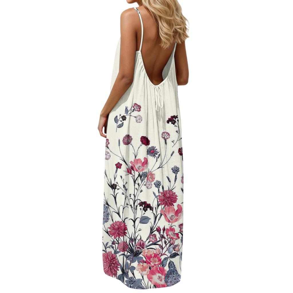 Women’s Maxi Dress Sleeveless Spaghetti Strap Loose Fit Floral Print Casual Long Sundress for Summer Beach Vacation