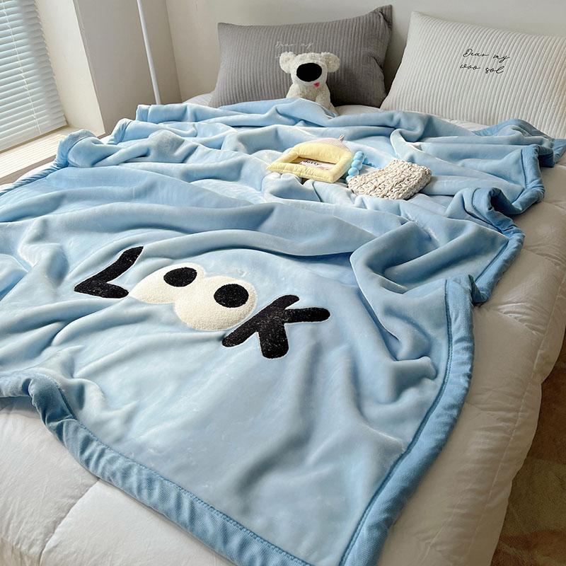 Solid Thick Cartoon Towel Embroidered Blanket Double Layer Warm Milk Velvet Sofa Cover Cozy Breathable Bedspread for Adult Kids