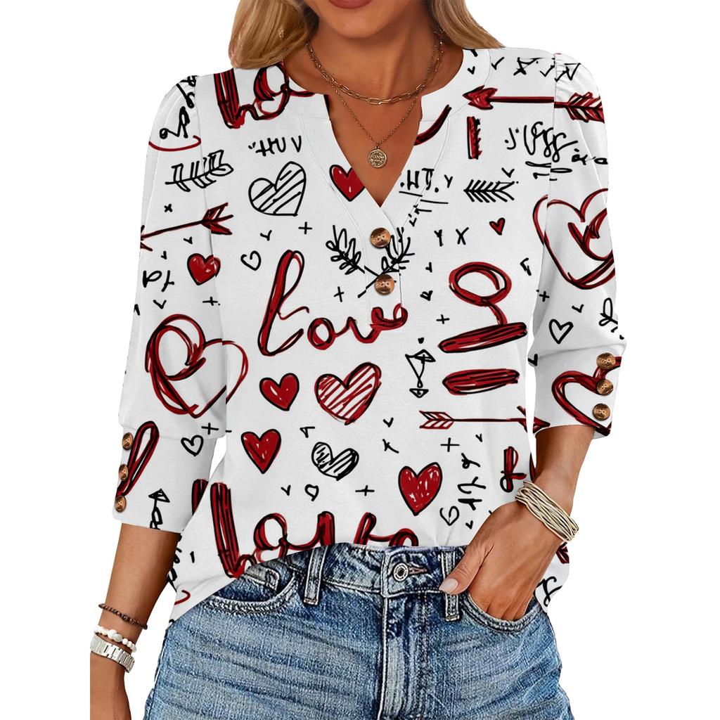 Women's Loose 7-inch Sleeve Top with Heart Print