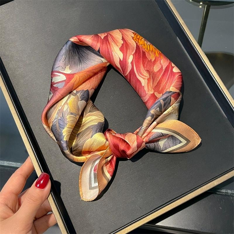 100% Pure Silk Scarf Women Neck Hair Band Foulard Square Small Headband  Fashion Print Neckerchief Scarves Bandana 53*53cm