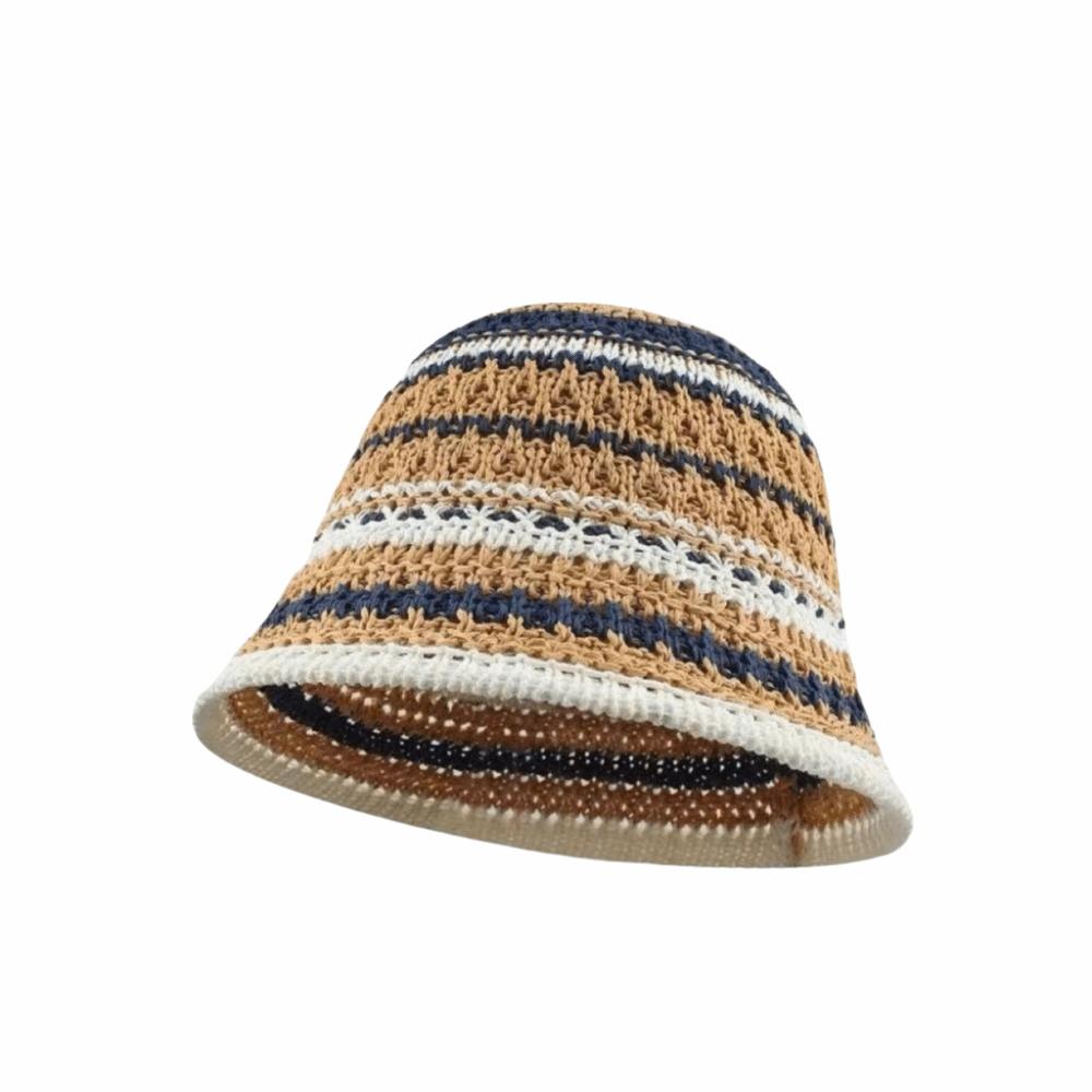 Big Eaves Crochet Bucket Hat Striped Knitted Hollow Straw Bucket Cap Foldable Basin Hat  Travel Type-A