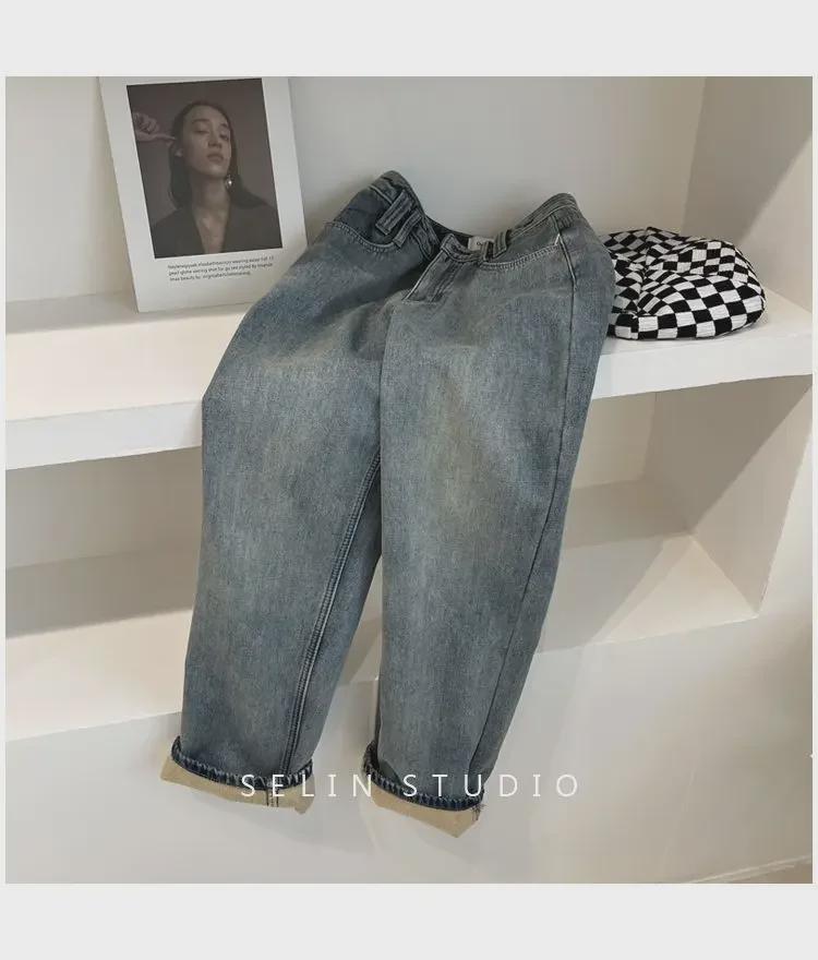 Women's Plus Size Fleece-Lined High Waist Blue Jeans - Winter Slimming Straight Leg Harem Pants