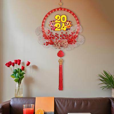 Chinese Year Hanging Ornament with Lamp 100x40cm Traditional Red Tassel Decorative Wreath