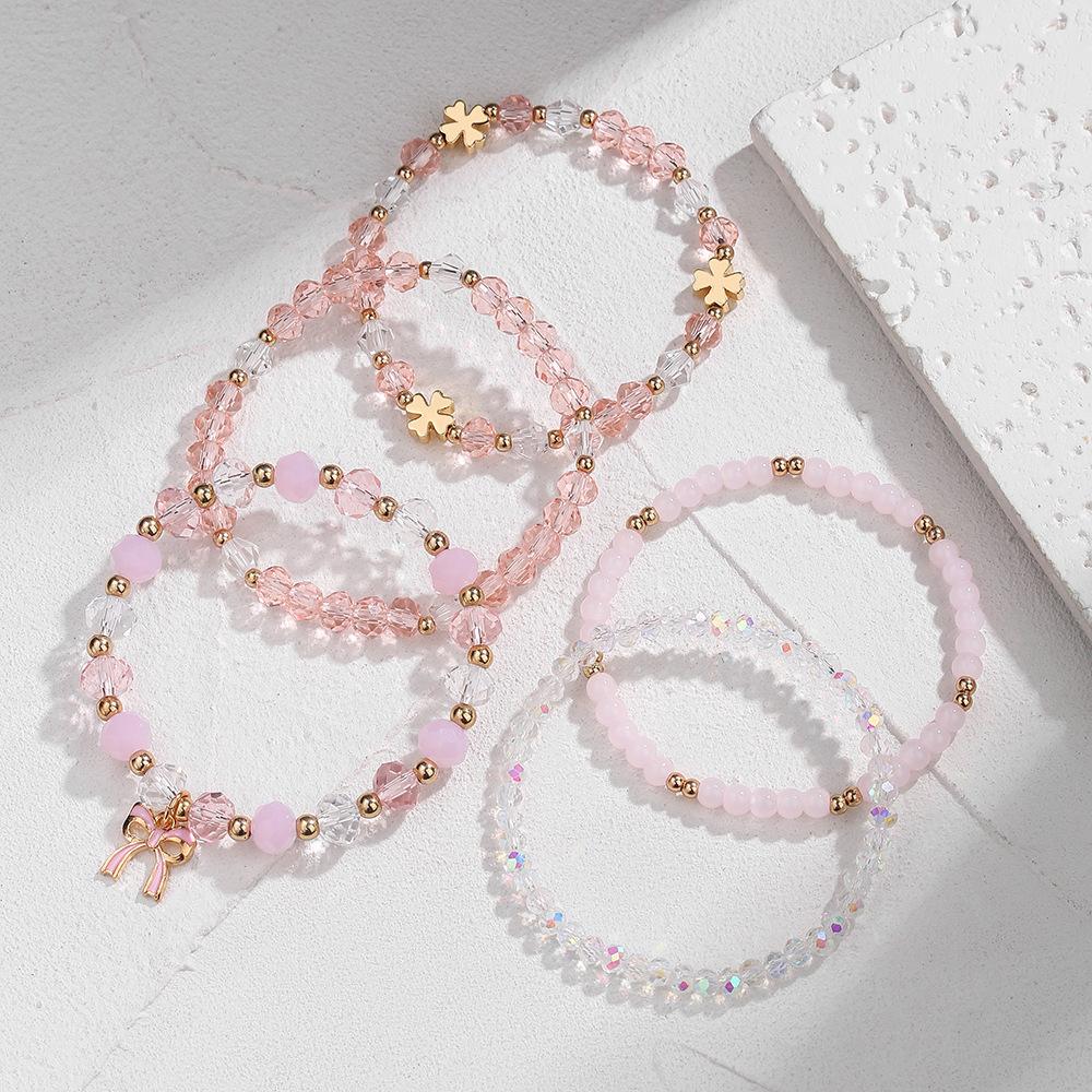 Hot Selling Girlfriend Bracelet Bohemian Pink Bow Pendant Bracelet Female Pearl Crystal Bracelet Set