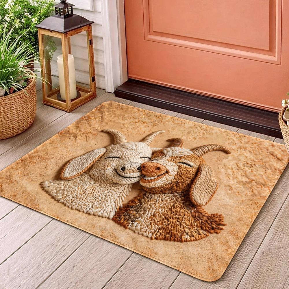 2D Flat Cute Goat Couple Woven Texture Flannel Door Mat Non Slip Farmhouse Animal Rug For Entryway Porch Floor Decor