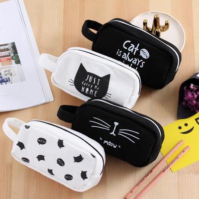 Koreanisches Reißverschluss-Federmäppchen: Kreative tragbare Stofftasche im Schwarz-Weiß-Katzen-Design