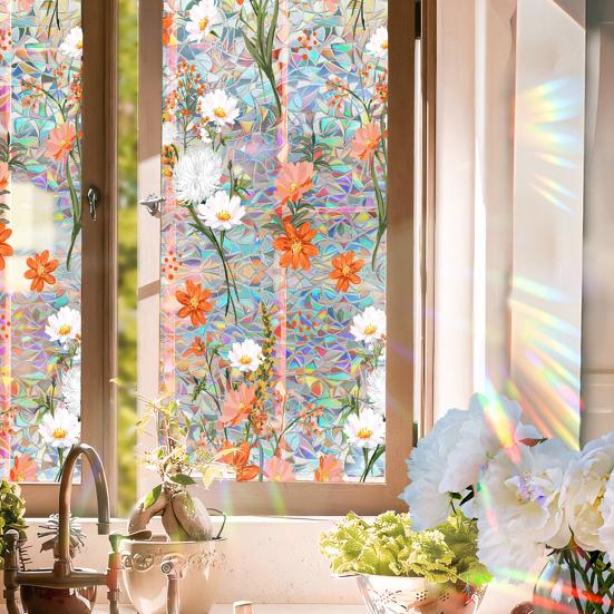 Rainbow Window Privacy Film Waterproof Static Cling Non-Adhesive Flower Pattern Sticker for Home Glass Windows Bedroom Living Room Decor
