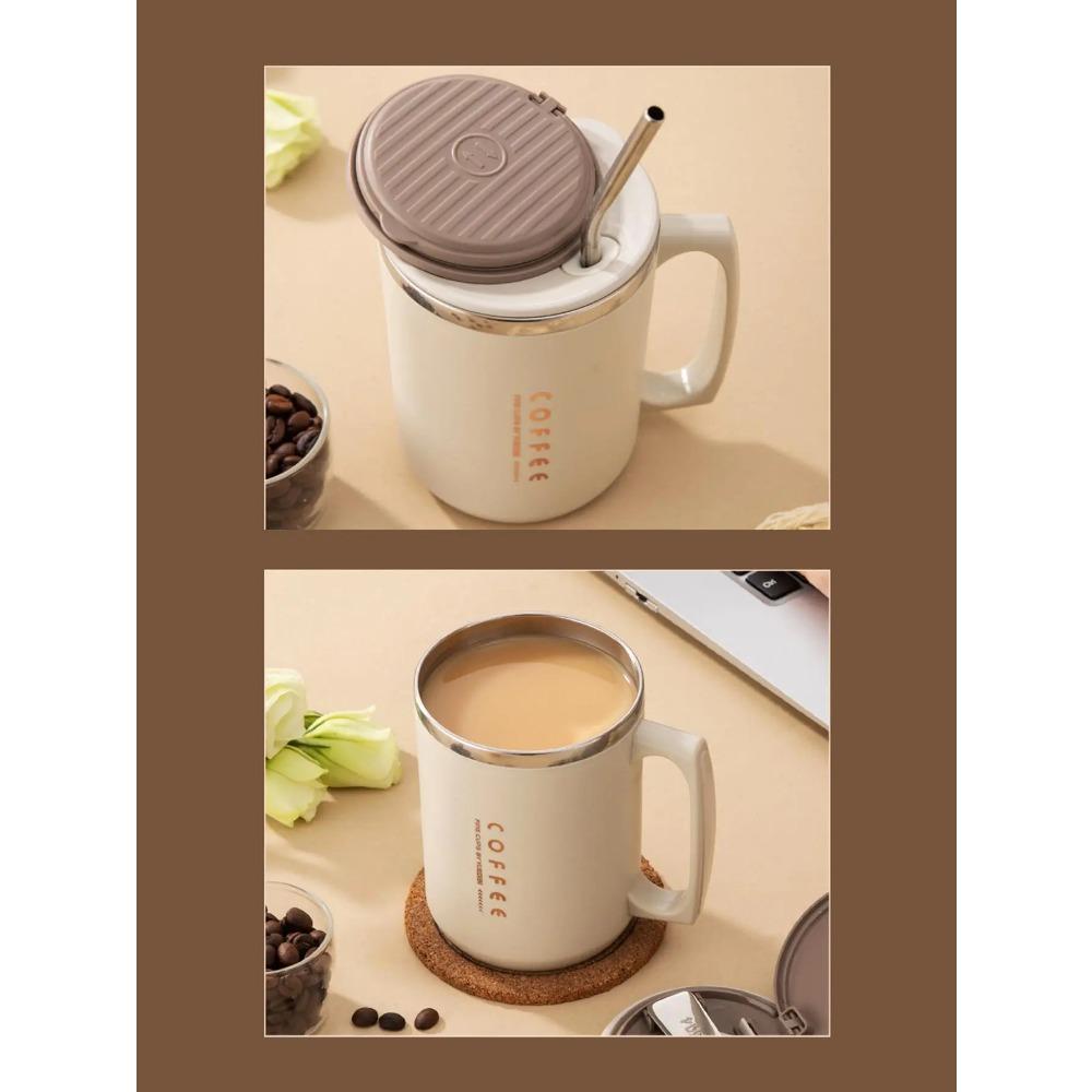 WORTHBUY 480ml 304 Stainless Steel Coffee Mug With Lid&Spoon&Straw,Insulated Coffee Cup For Student Adult Office Drinking Cup