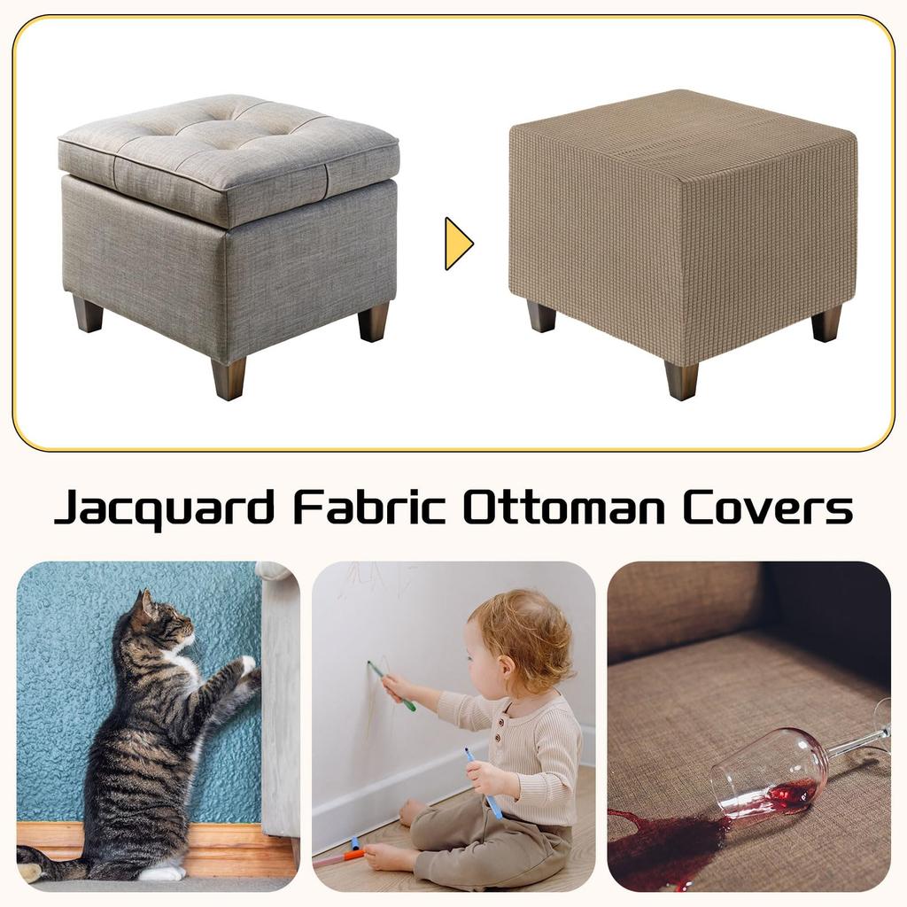 uxcell Square Jacquard Ottoman Slipcover with Elastic Stretch Footrest Stool Cover for Living Room Furniture Protector Medium Bottom, (Light Coffee,