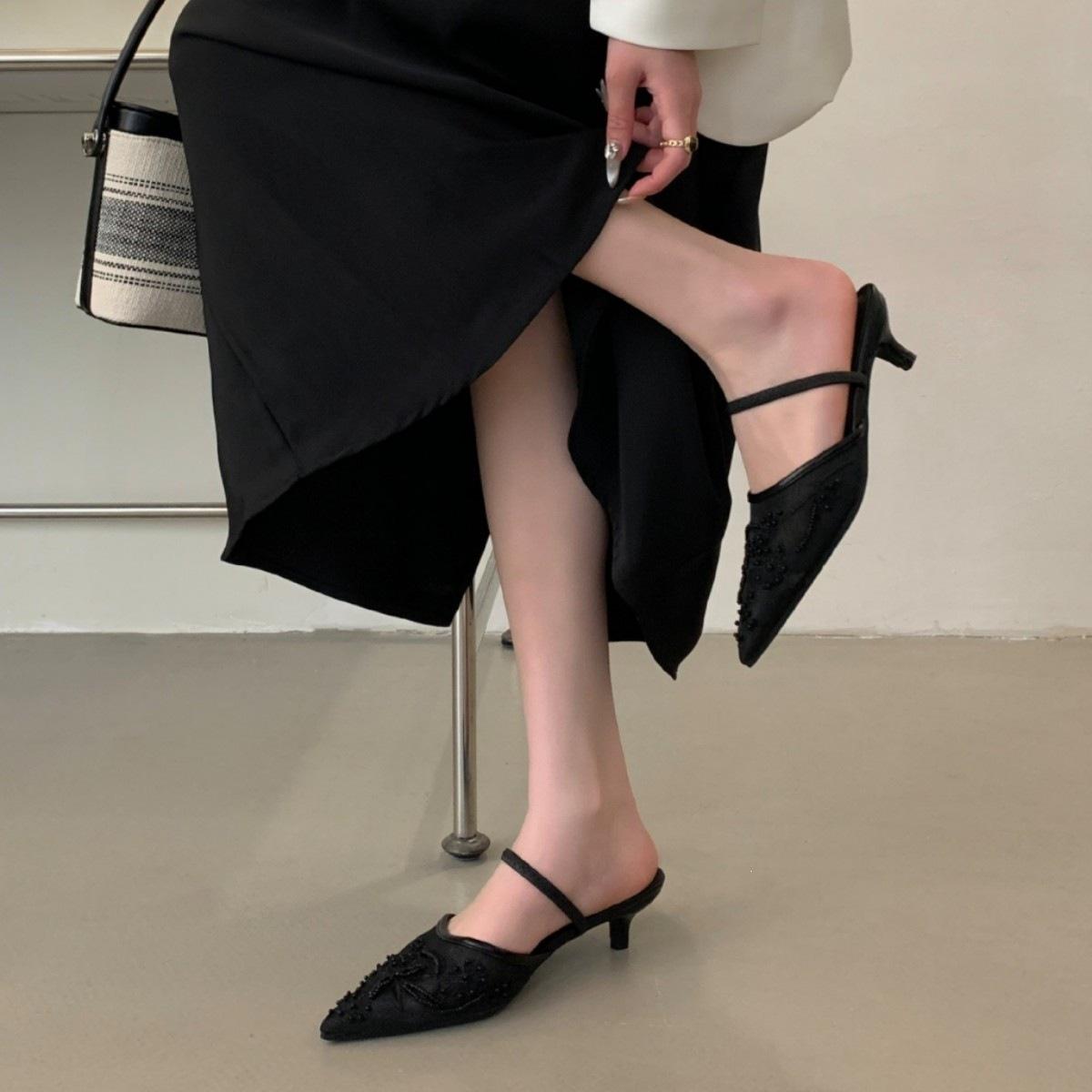 French Fairy Breathable Mesh Lace Bag Head Sandals Female Summer Kitten Heel Empty Single Shoes 35
