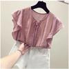 Camisa de gasa de manga corta, suelta, fresca, de color liso, de verano para mujer, top sencillo con volantes y lazo