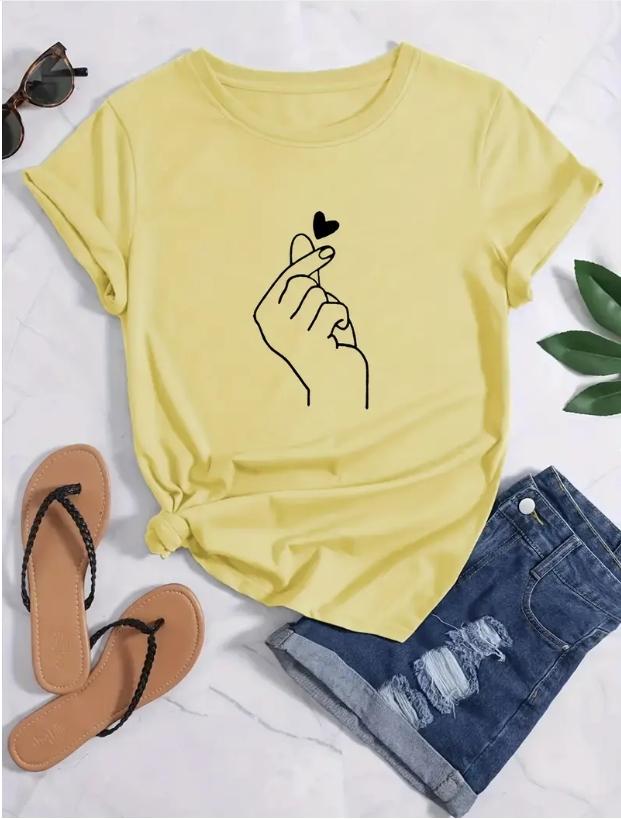 Fashion Women Simple Fingers Compared to Heart Print T Shirt Funny Casual O-neck Short Sleeves T-shirt Summer Female Tee Shirt