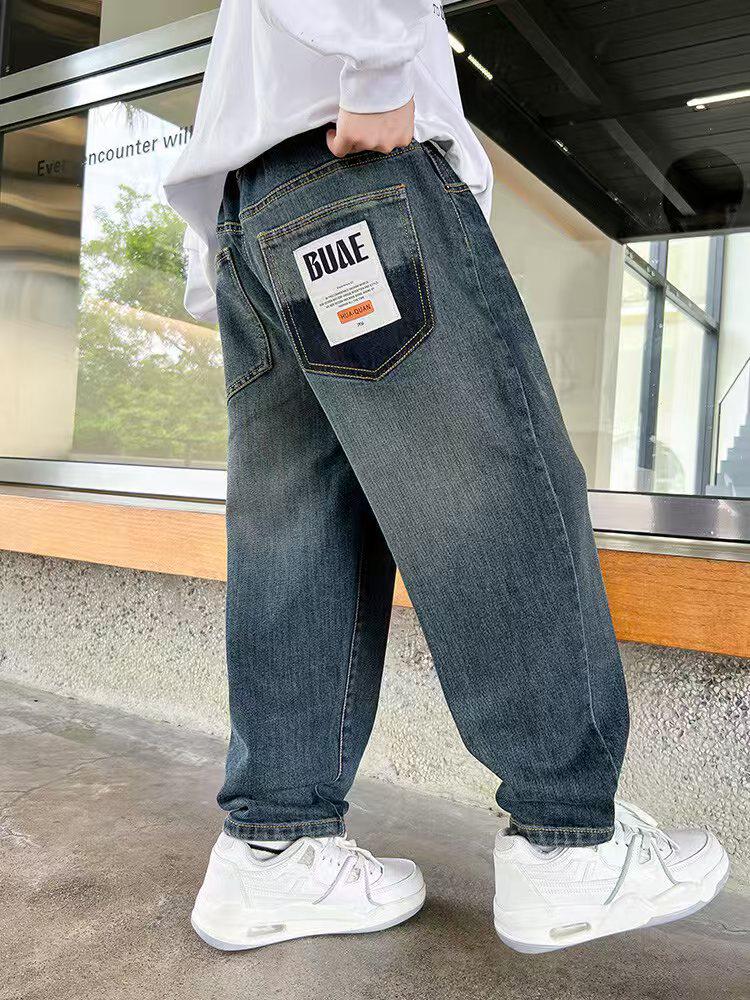 Boys' Velvet-Lined Jeans for Autumn/Winter - Medium/Large Children's One-Piece Long Pants