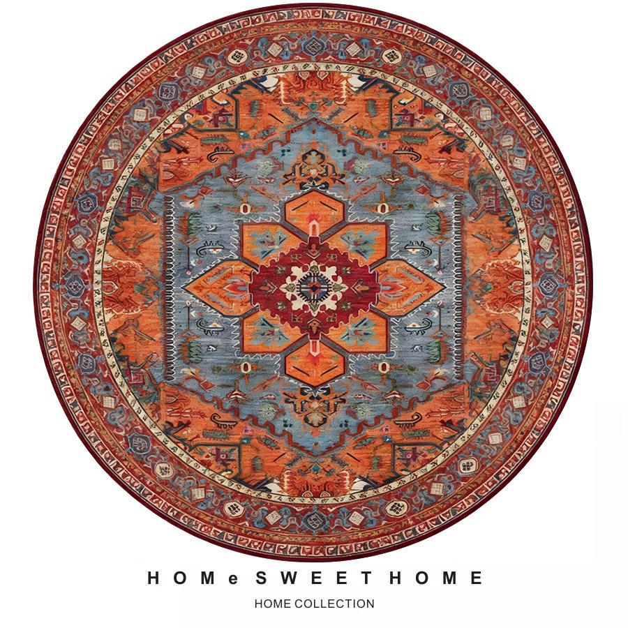 Ethnic Round Carpet: Non-slip, Wear-resistant Crystal Velvet Bedside Rug for Cool Comfort