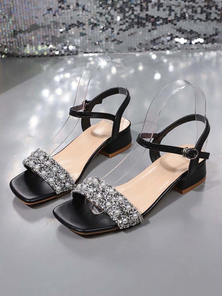 Mode Kristall Damen Mittelhohe Absätze Sandalen Elegant Absatzschuhe 2025 Sommer Mode Klobige Pumps Eckige Zehenpartie Flach Schnalle Schuhe für Frauen