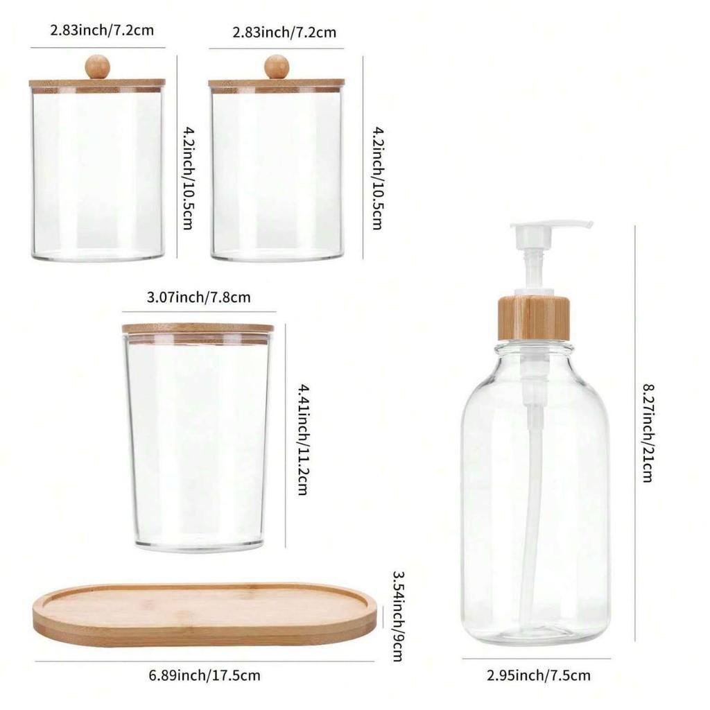 4-Piece Bathroom Set: Transparent Press-Down Soap Bottle, Toothbrush Holder, Bamboo Lid Cotton Swab Box, and Acrylic Cotton Ball Jar