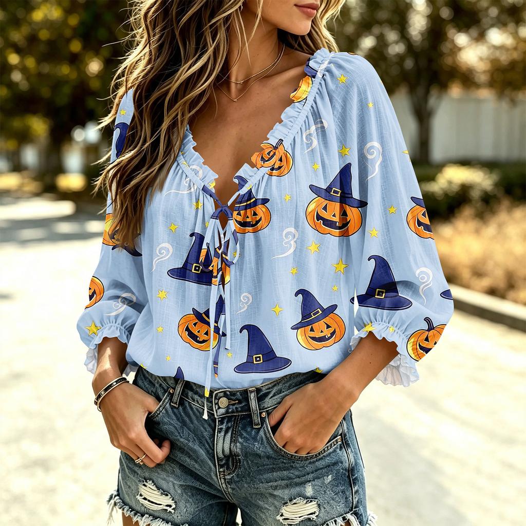 Women's Halloween Print V-Neck Ruffle Blouse with Tie Front and for Party