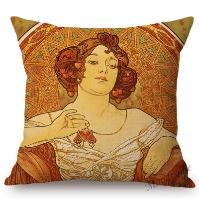 Vintage European Art Nouveau Mucha Gallery Decorative Sofa Pillow Cover Beautiful Beauty Girl Cotton Linen Luxury Cushion Cover