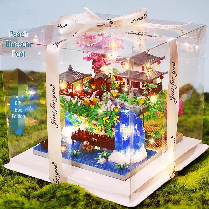 Fairy Pavilion Cherry Blossom Treehouse with Peach Blossom Pond - Creative Ancient Style Building Block Ornament, Handmade Assembly Scene.