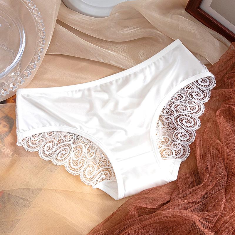 Women Bowknot Mid Waist Satin Panties Solid Color Spaghetti Strap Lace Briefs Hollow Out Seamless