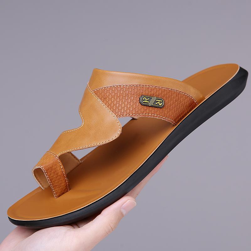 Tongs pour Hommes Pantoufles en Cuir Noir Chaussures Plates Simples Été Blanc Extérieur Marron Bout Ouvert Chaussures de Plage Grande Taille