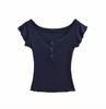 Double-layer fungus edge short-sleeved T-shirt women's summer new American Spice Girl solid-color slim-fitting front shoulder bottoming top