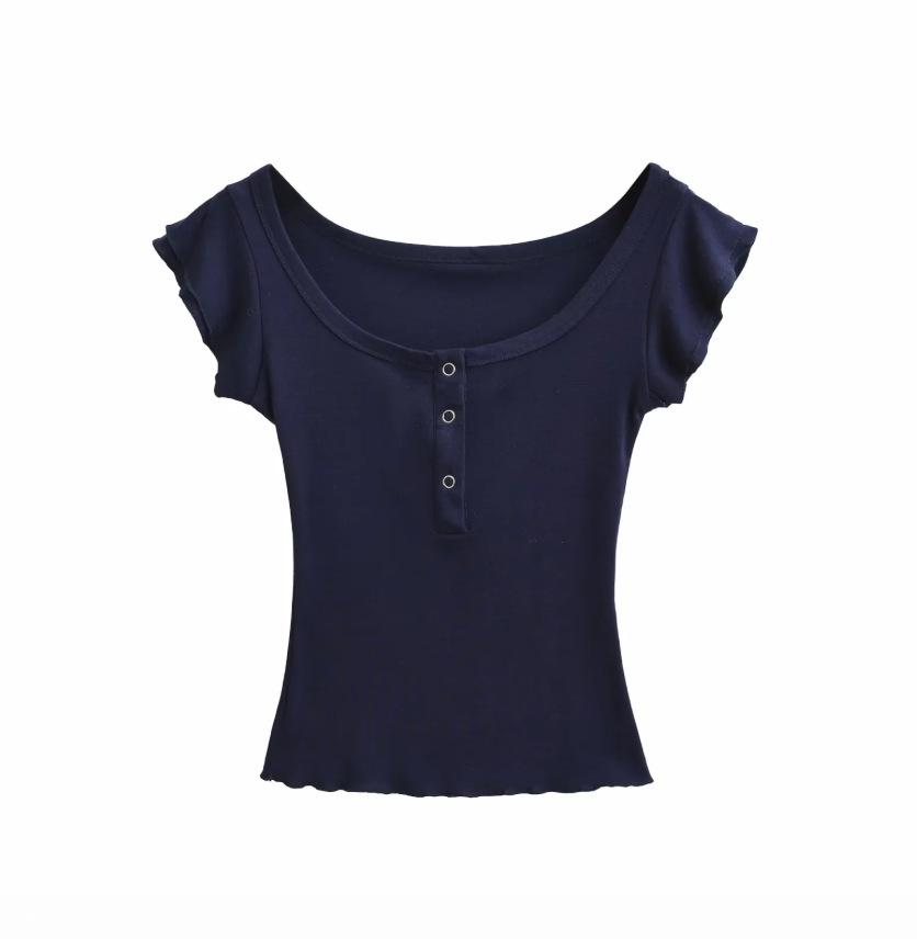 Double-layer fungus edge short-sleeved T-shirt women's summer new American Spice Girl solid-color slim-fitting front shoulder bottoming top