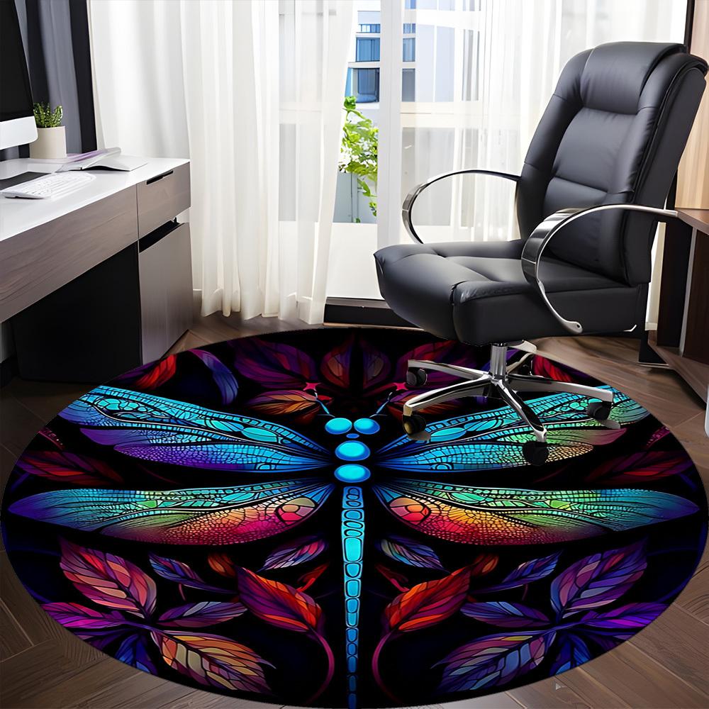 1PC Dragonfly StainedGlass Office Round Area Rug, Mat Suitable ForOffice, Under Office Chairs Bedroom Living Room Home Decor, Room Deco