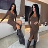 Elegant and Fashionable Solid Color Slim-fit Dress, Early Spring New Long-sleeved V-neck Slit, European and American Slim-fit Women's Clothing Cross