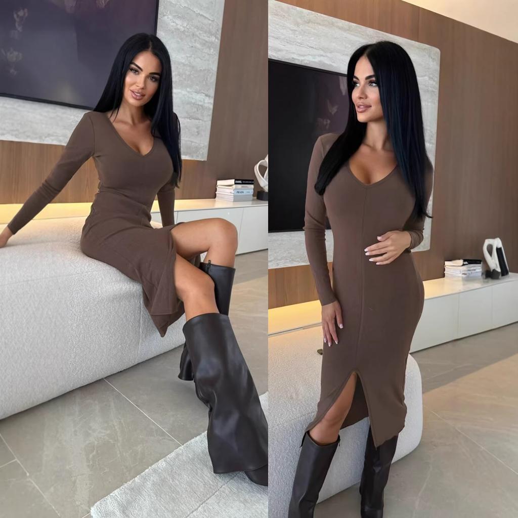 Elegant and Fashionable Solid Color Slim-fit Dress, Early Spring New Long-sleeved V-neck Slit, European and American Slim-fit Women's Clothing Cross