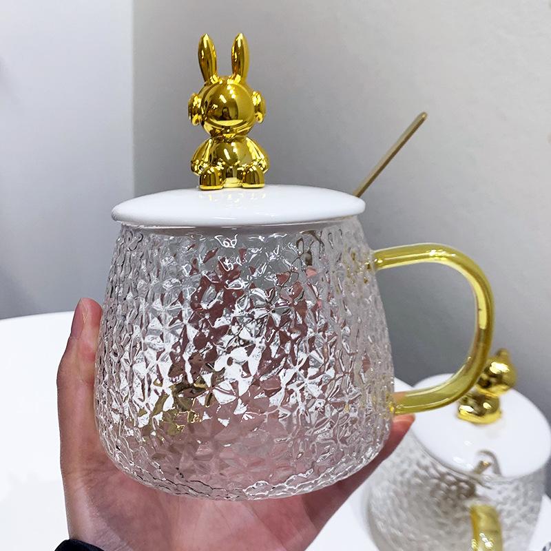 

ins Golden Bear Glass with Lid Spoon Cup Office Male and Female Couples Water Cup Coffee Cup Gift Big Belly Cup 401-500ml