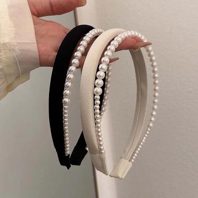 2025 New Narrow Satin Pearl Double-Layer Headband for Women Retro Elegant Black White Pearl Hair Hoop Wedding Hair Accessories